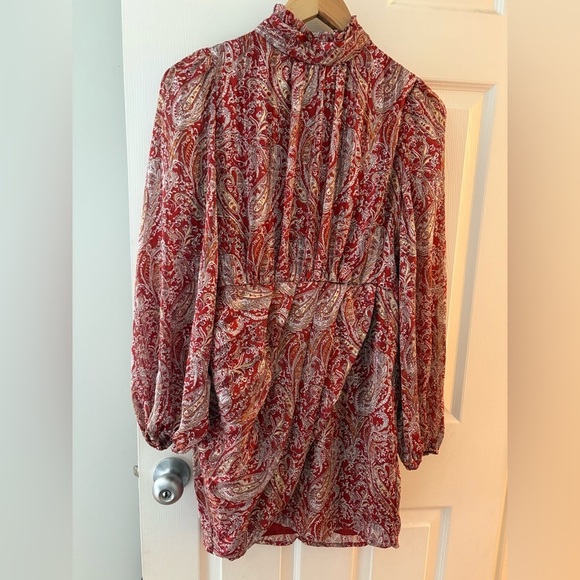 Lulus small rust red paisley mini dress mock neck balloon sleeve wrap skirt - Picture 3 of 14